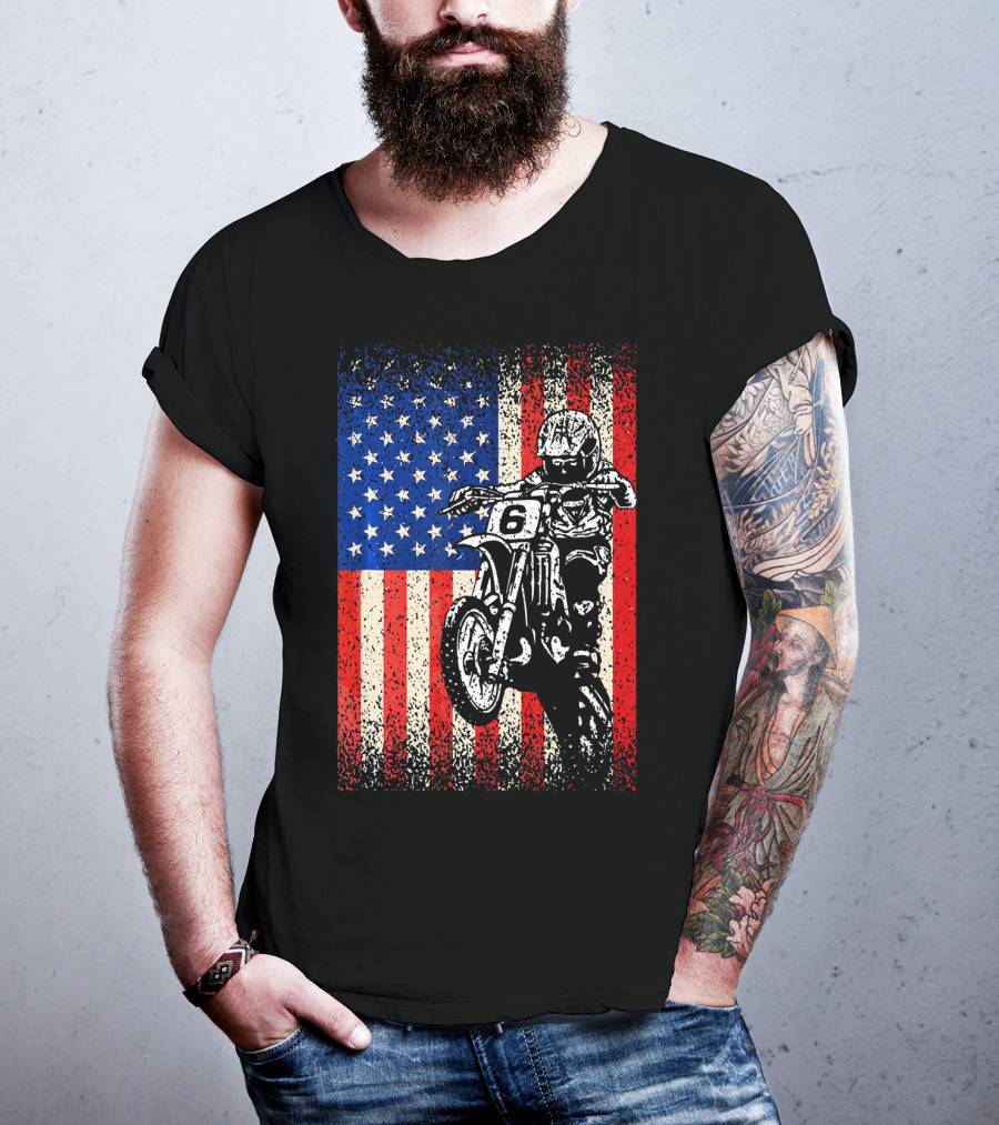 Dirt Bike American Flag Motocross Biker Number 6 T-Shirt