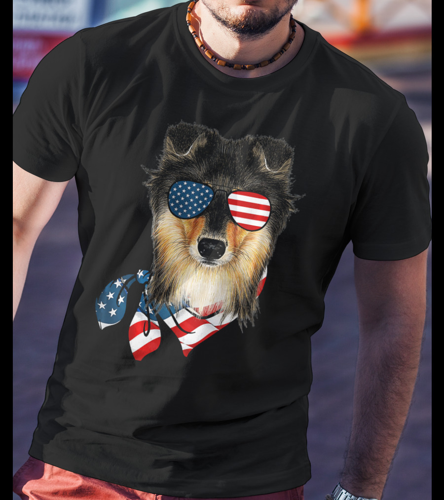 Sheltie Dog With American Flag Sunglasses And Bandana Patriotic T-Shirt