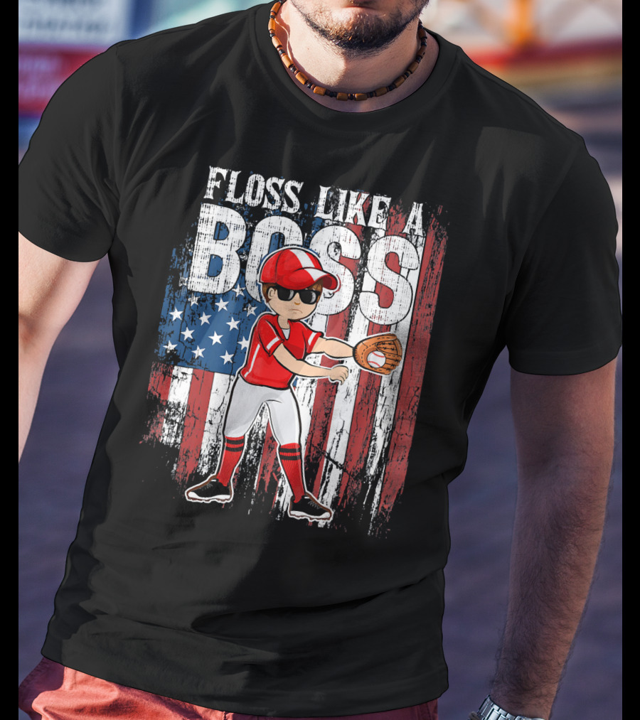 Floss Like A Boss American Baseball Spirit With Flag Background T-Shirt