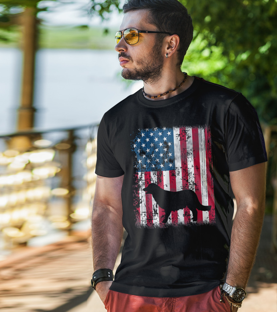 Golden Retriever Silhouette Over American Flag USA T-Shirt