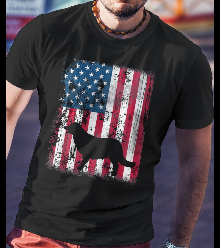 Golden Retriever Silhouette Over American Flag USA T-Shirt