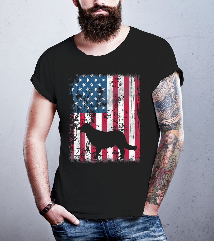 Golden Retriever Silhouette Over American Flag USA T-Shirt