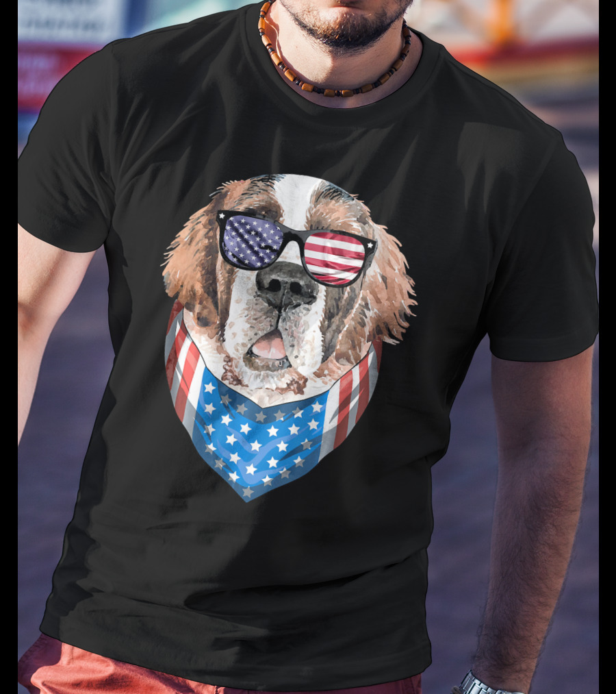 Fourth Of July American Flag Dog Sunglasses Bandana T-Shirt