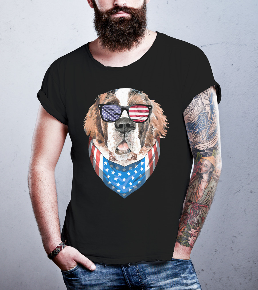 Fourth Of July American Flag Dog Sunglasses Bandana T-Shirt
