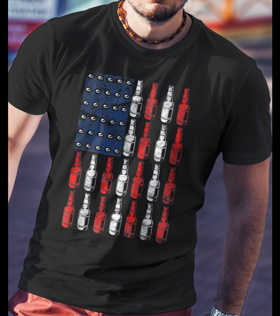 Patriotic American Flag Made Of Beer Bottles In Red White Blue T-Shirt