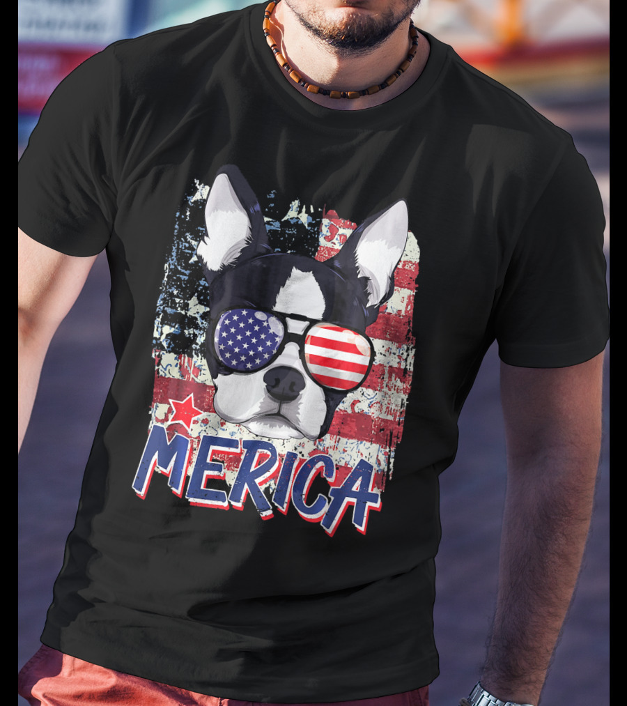 Merica Boston Terrier American Flag Sunglasses T-Shirt