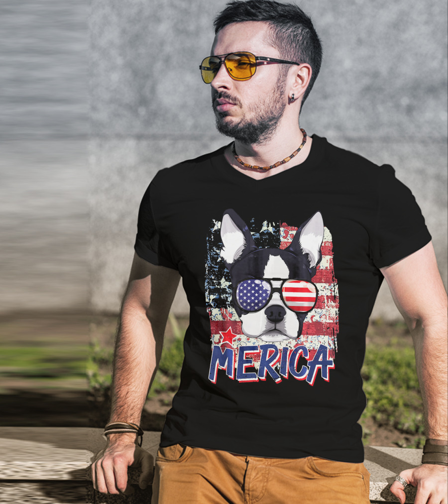 Merica Boston Terrier American Flag Sunglasses T-Shirt