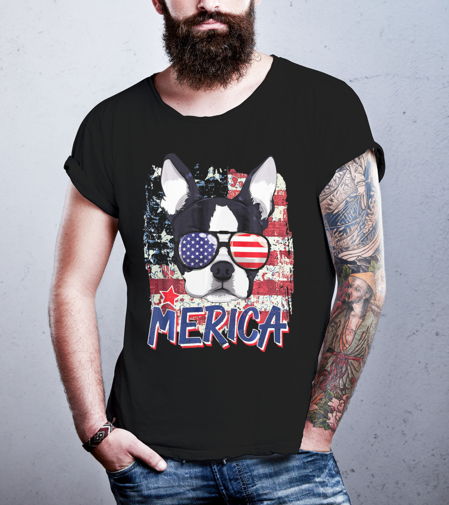 Merica Boston Terrier American Flag Sunglasses T-Shirt