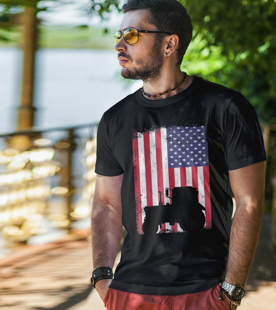 Tractor Silhouette Against Distressed American Flag Patriotic T-Shirt