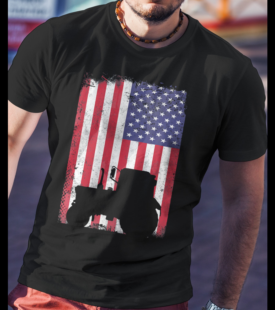 Tractor Silhouette Against Distressed American Flag Patriotic T-Shirt