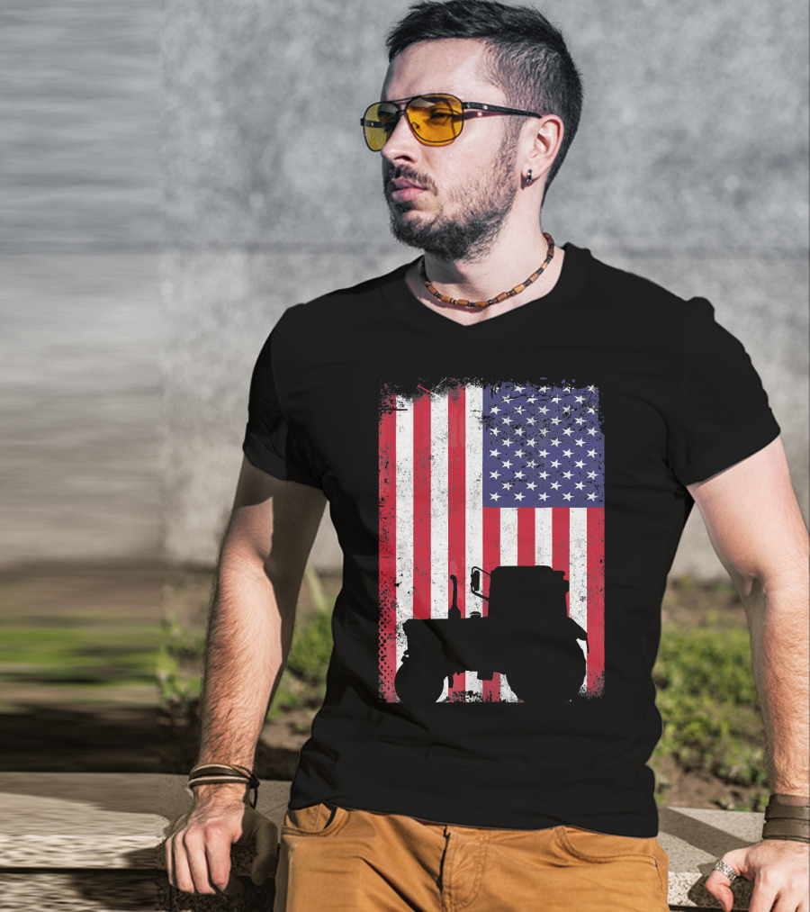Tractor Silhouette Against Distressed American Flag Patriotic T-Shirt