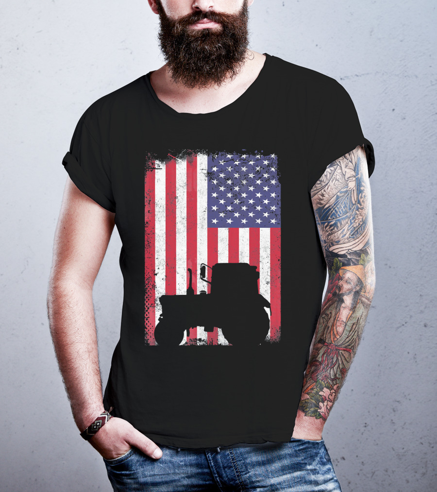 Tractor Silhouette Against Distressed American Flag Patriotic T-Shirt