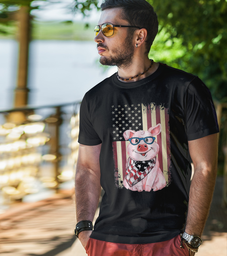 American Flag Pig With Glasses And Bandana T-Shirt