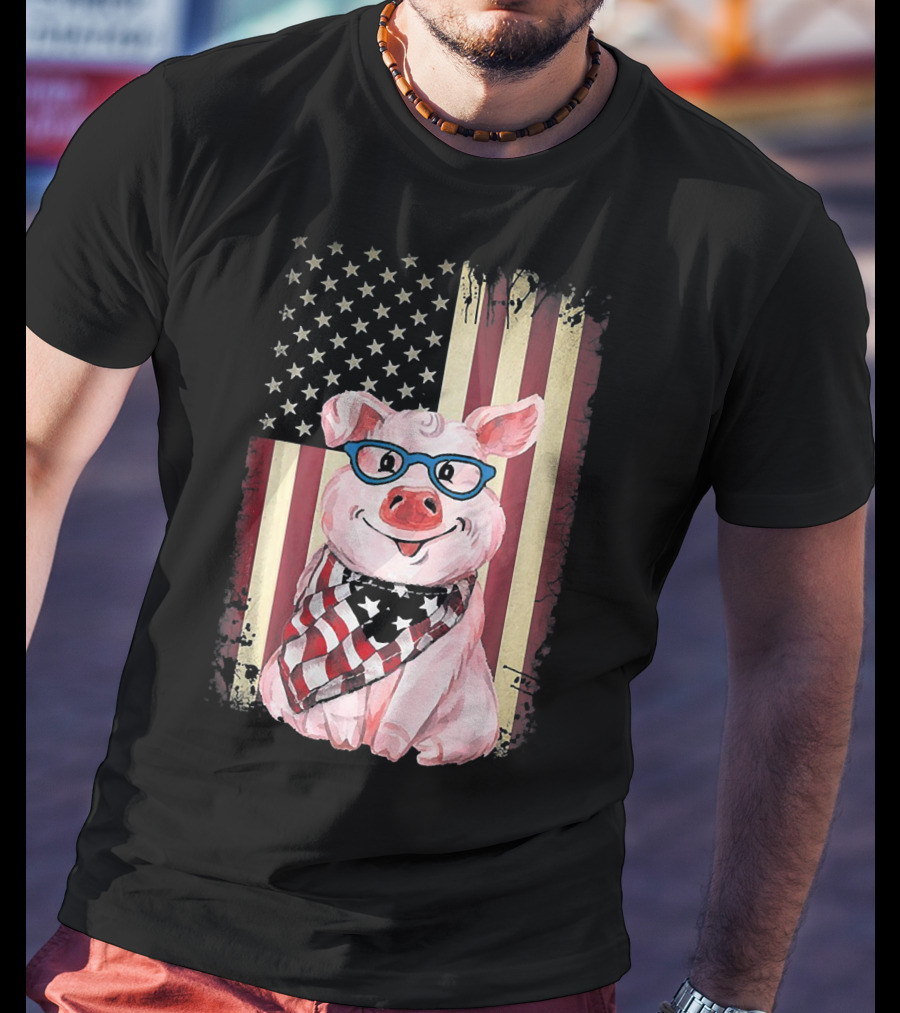 American Flag Pig With Glasses And Bandana T-Shirt