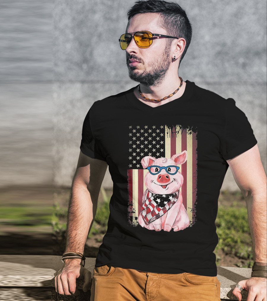 American Flag Pig With Glasses And Bandana T-Shirt