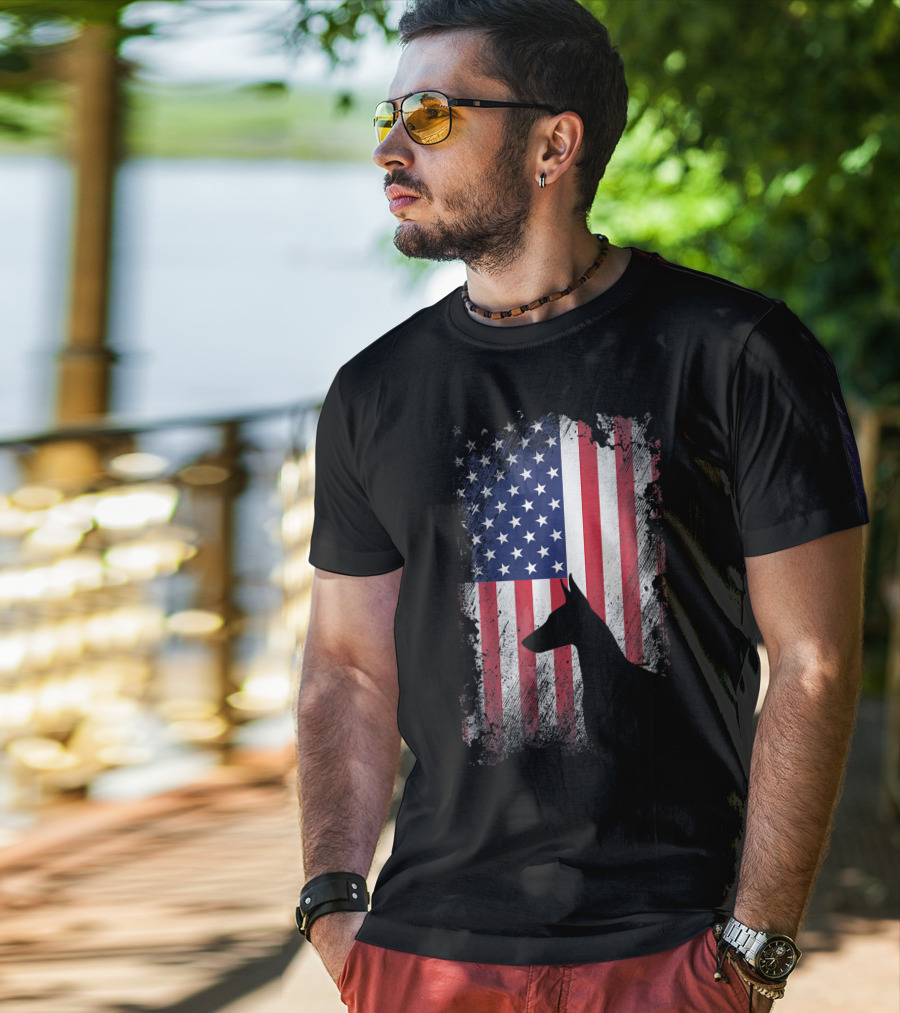 Doberman Pinscher Silhouette With American Flag Background T-Shirt