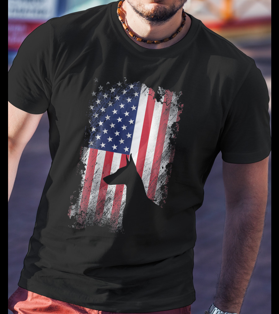 Doberman Pinscher Silhouette With American Flag Background T-Shirt