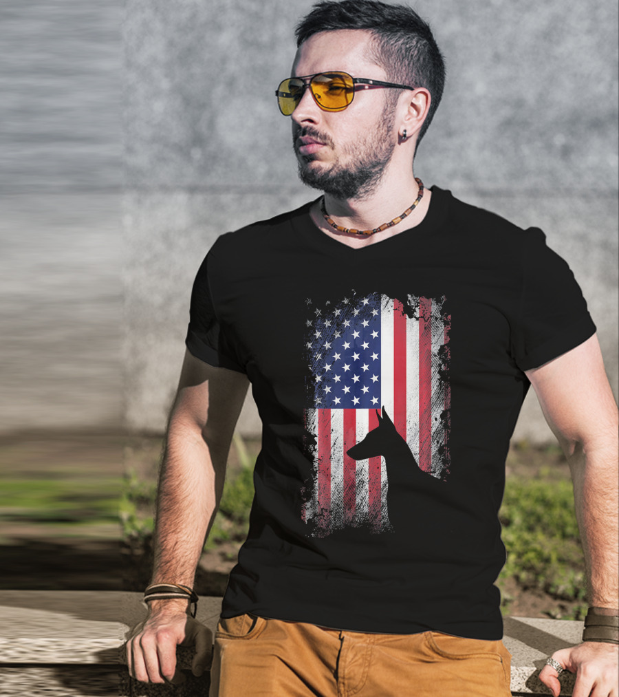 Doberman Pinscher Silhouette With American Flag Background T-Shirt