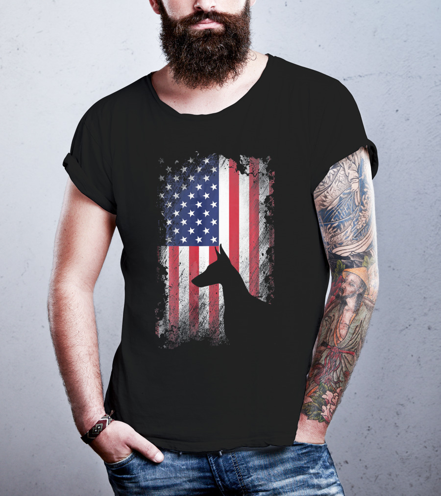 Doberman Pinscher Silhouette With American Flag Background T-Shirt