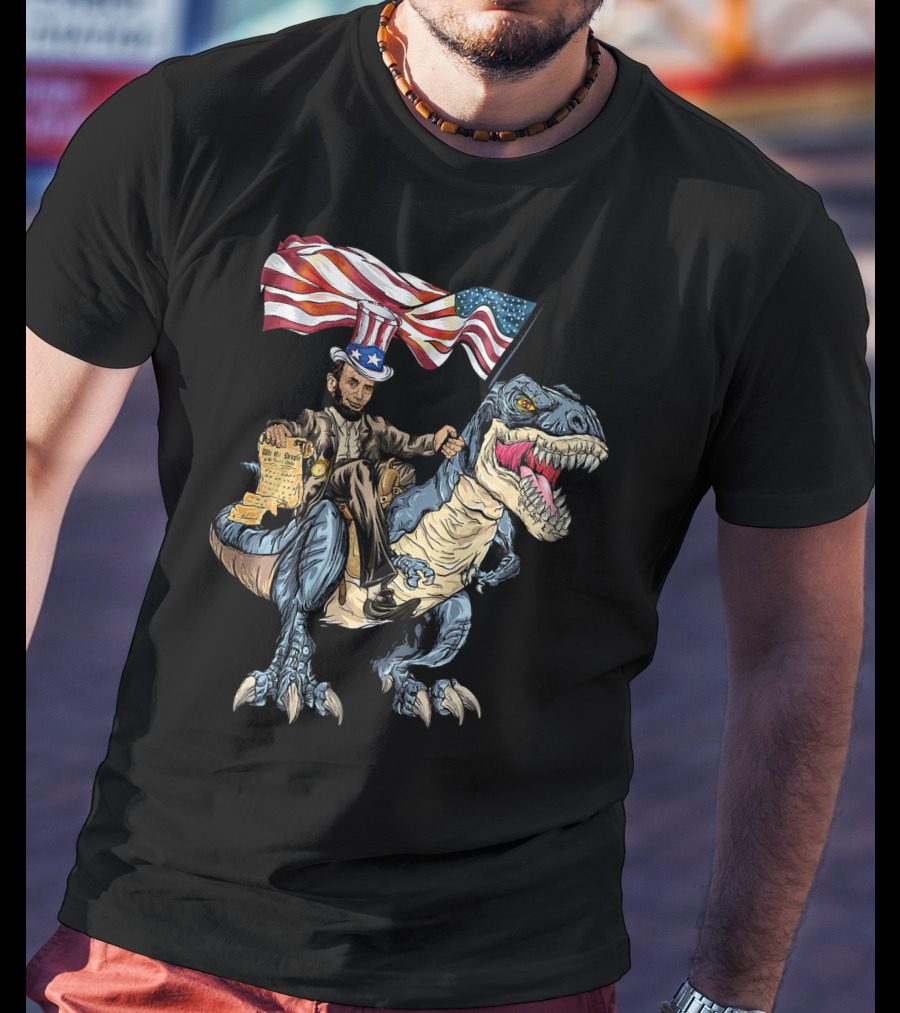 Abe Lincoln Riding Dinosaur With American Flag And Declaration T-Shirt