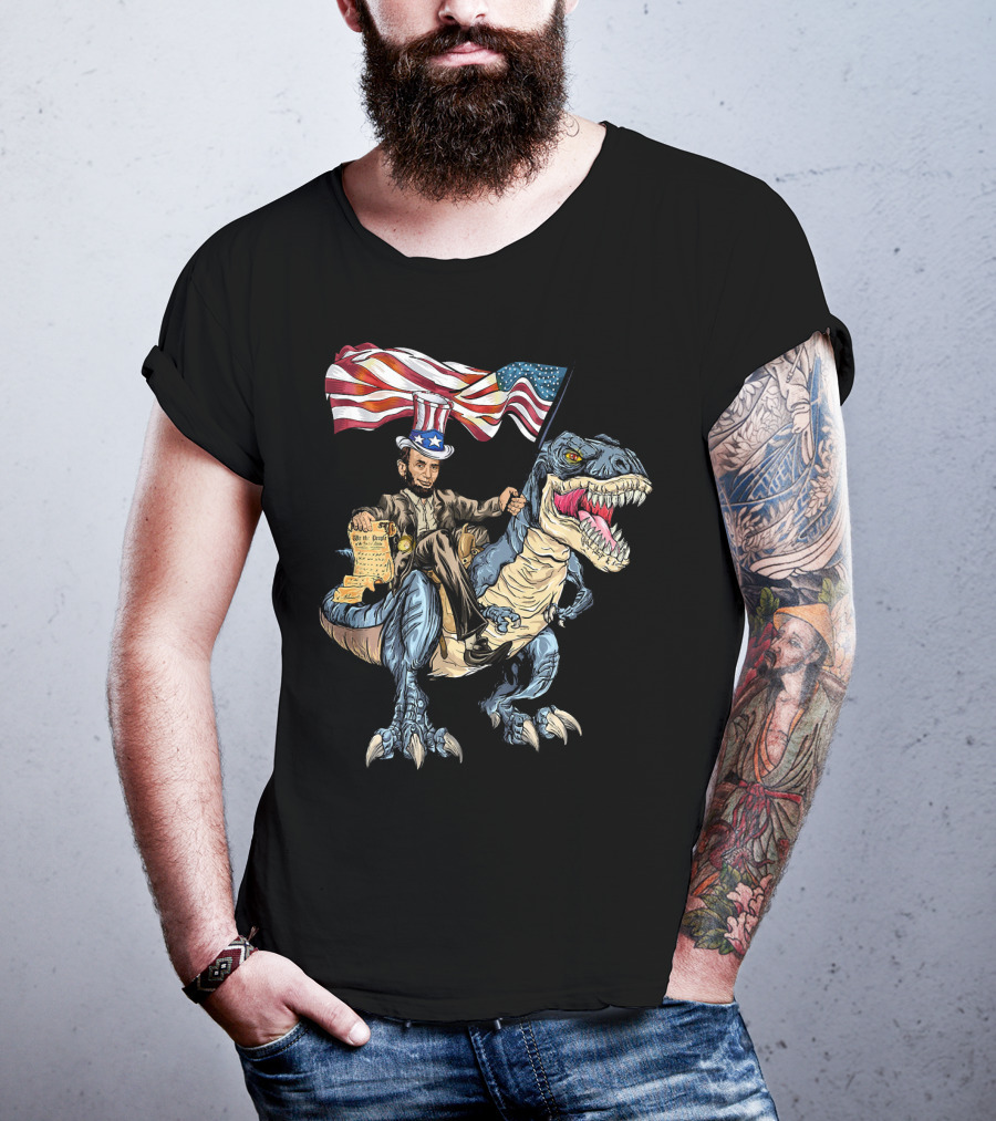Abe Lincoln Riding Dinosaur With American Flag And Declaration T-Shirt
