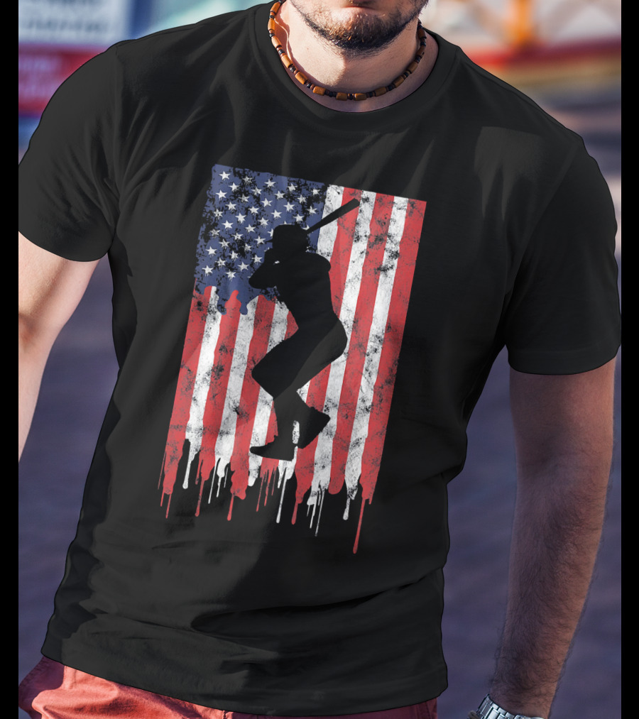Vintage Baseball Batter Silhouette On Dripping American Flag Background T-Shirt
