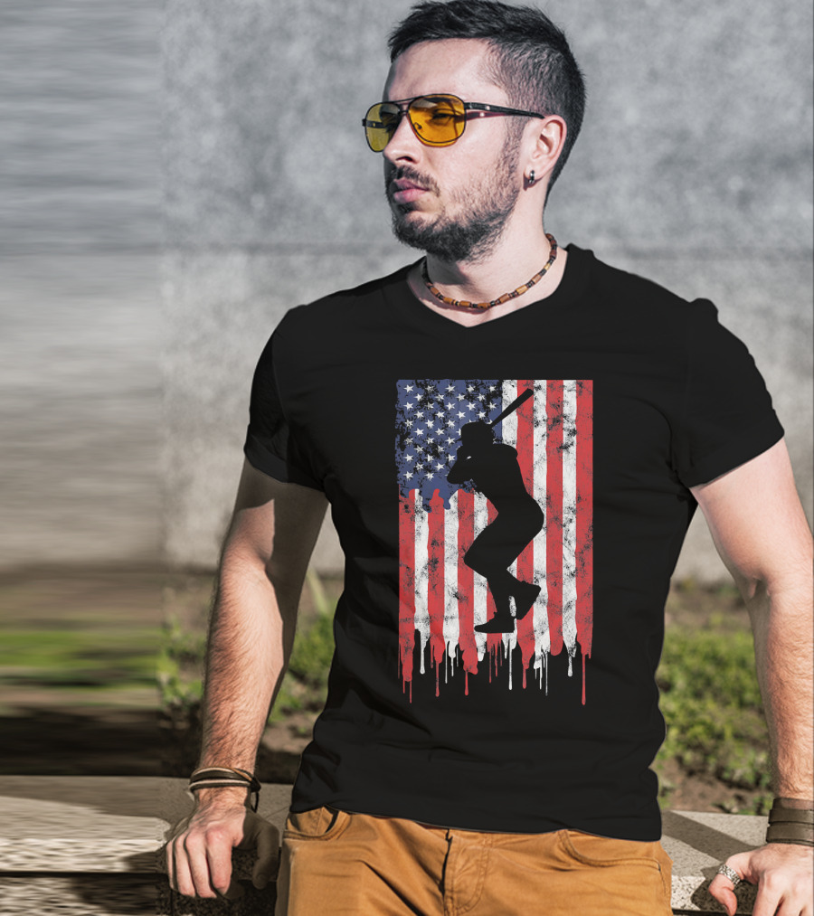 Vintage Baseball Batter Silhouette On Dripping American Flag Background T-Shirt