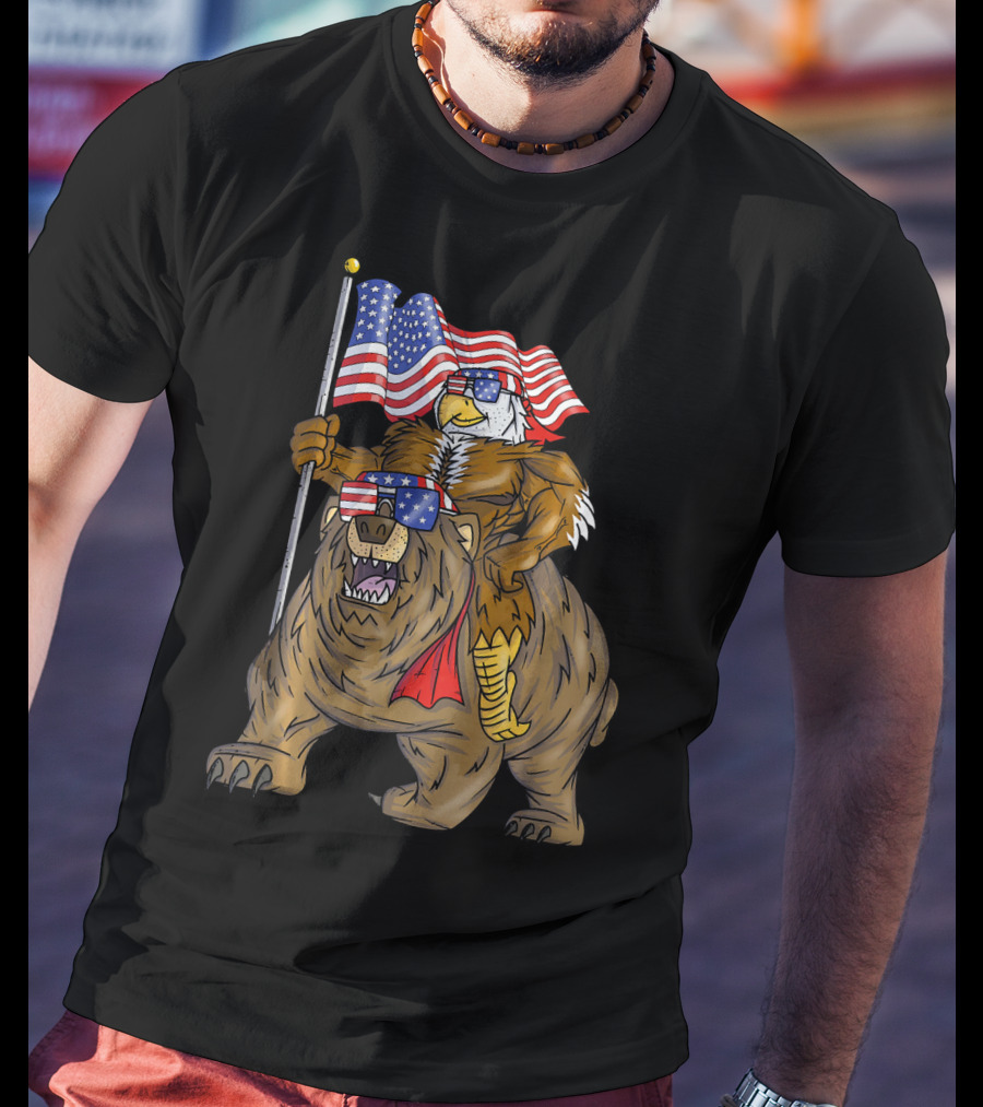 American Flag-Waving Bald Eagle Riding Bear With Sunglasses T-Shirt