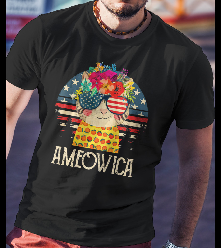 Ameowica Cute Cat With American Flag Glasses And Floral Crown T-Shirt