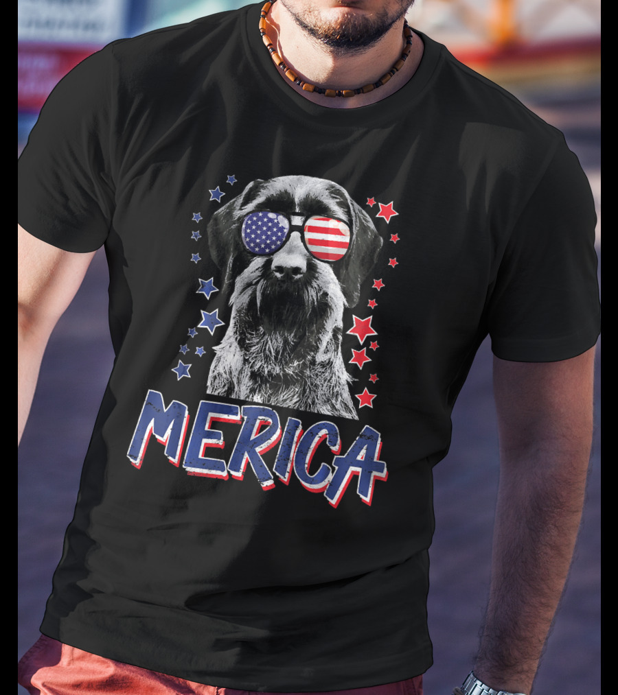 Merica German Wirehaired Pointer Dog With American Flag Sunglasses And Stars T-Shirt