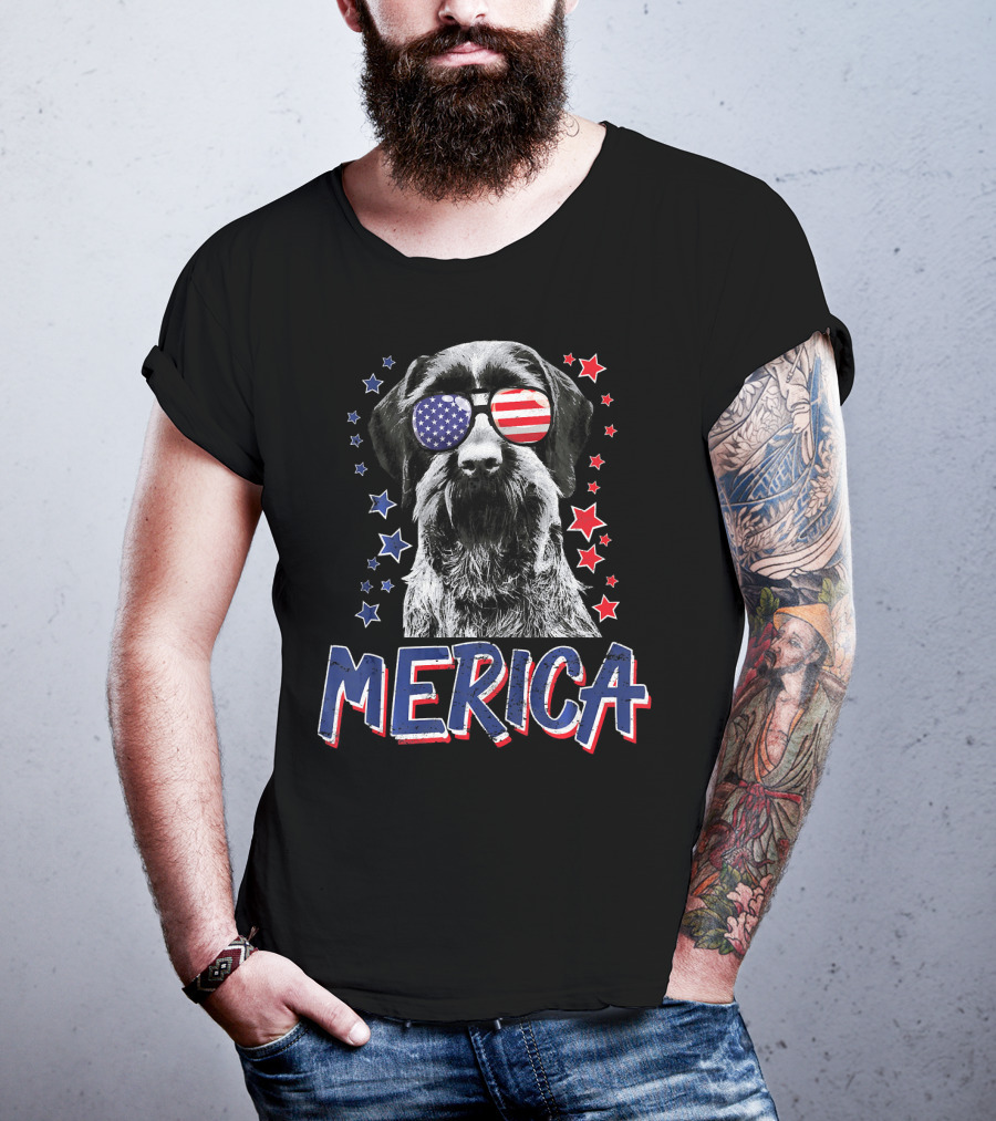 Merica German Wirehaired Pointer Dog With American Flag Sunglasses And Stars T-Shirt