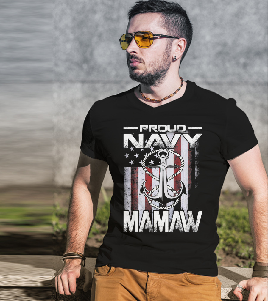 Proud Navy Mamaw USA Patriotic Anchor And Flag T-Shirt