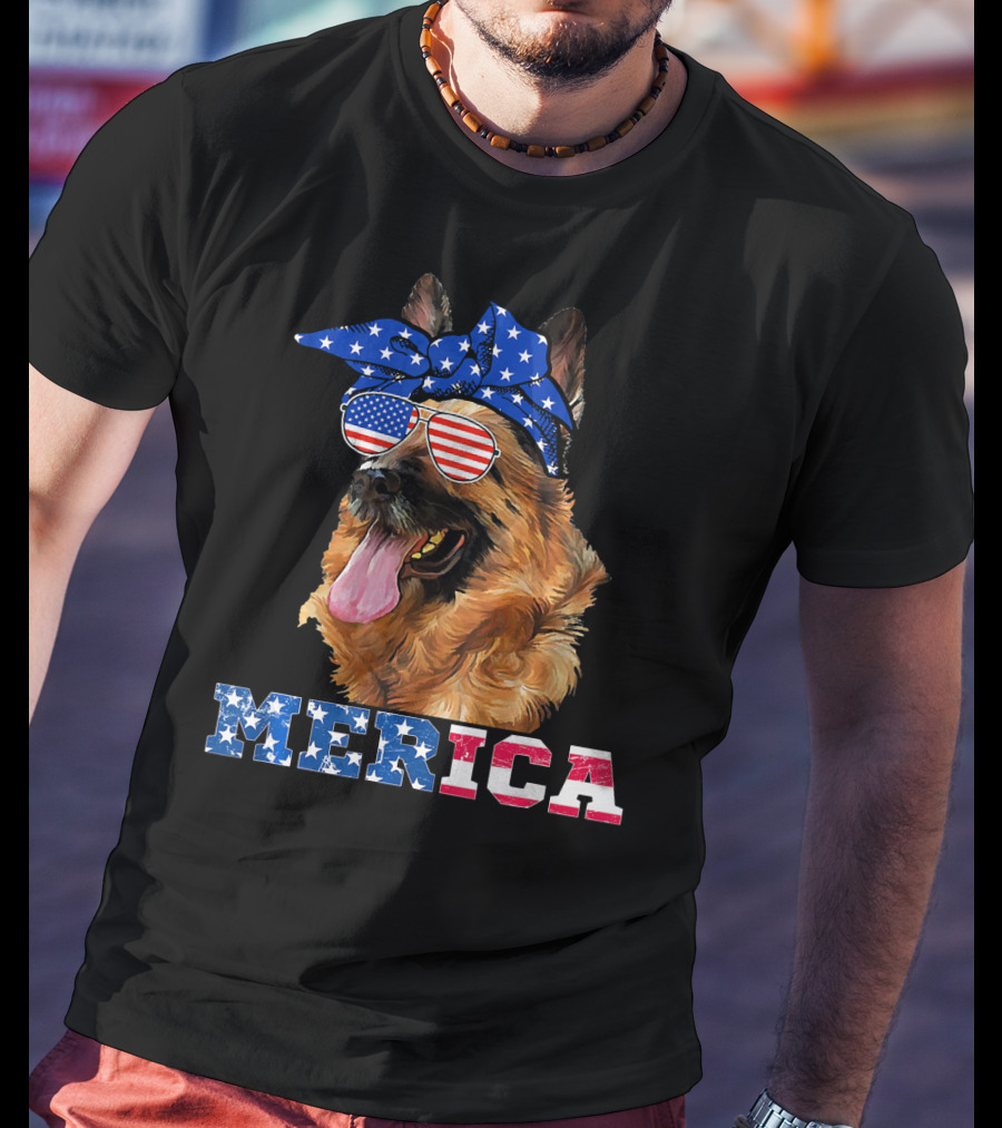 Merica German Shepherd Bandana Sunglasses American Flag T-Shirt