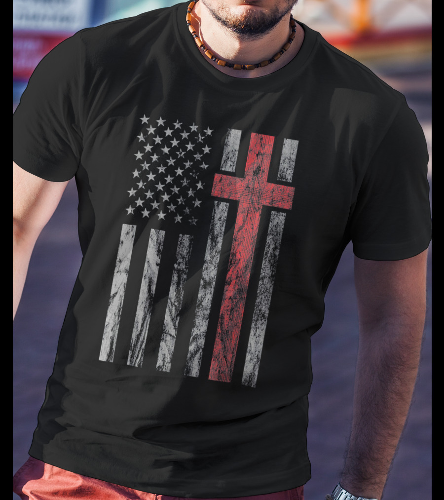 Vintage Distressed USA Flag With Red Christian Cross T-Shirt