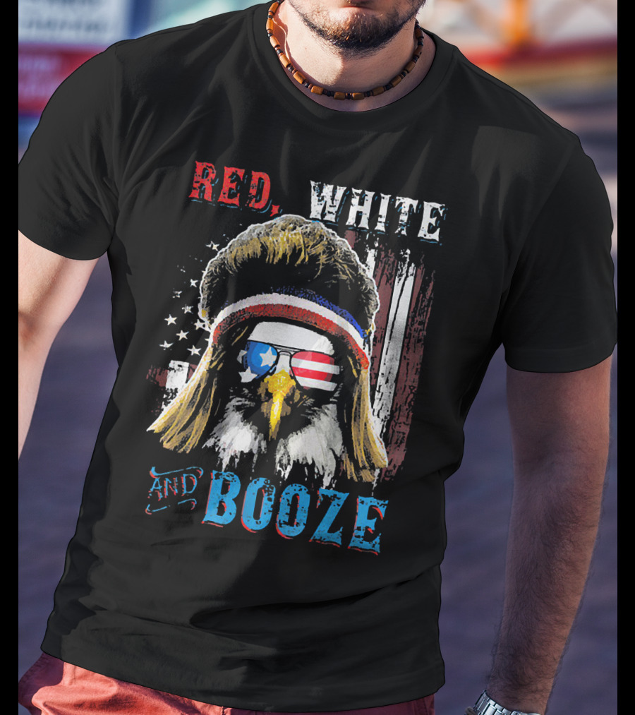 Red White And Booze America Flag Eagle With Sunglasses And Headband T-Shirt