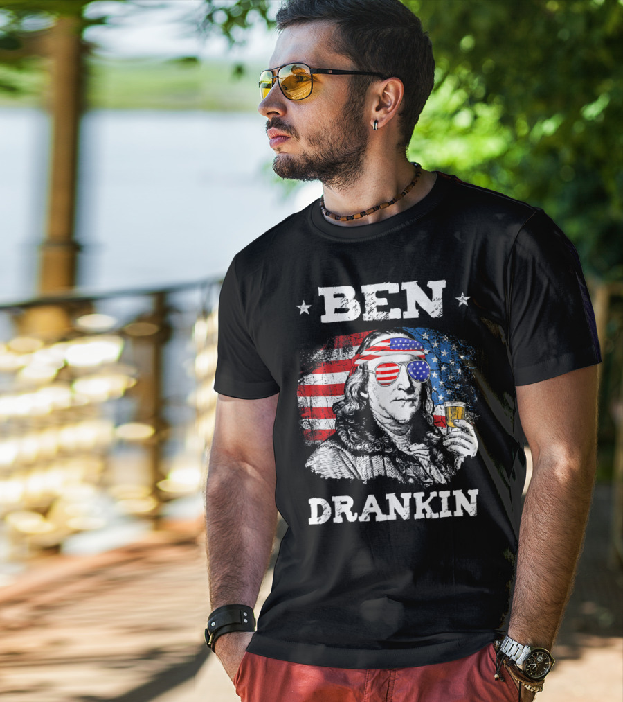 Ben Drankin Benjamin Franklin With American Flag Bandana And Sunglasses T-Shirt