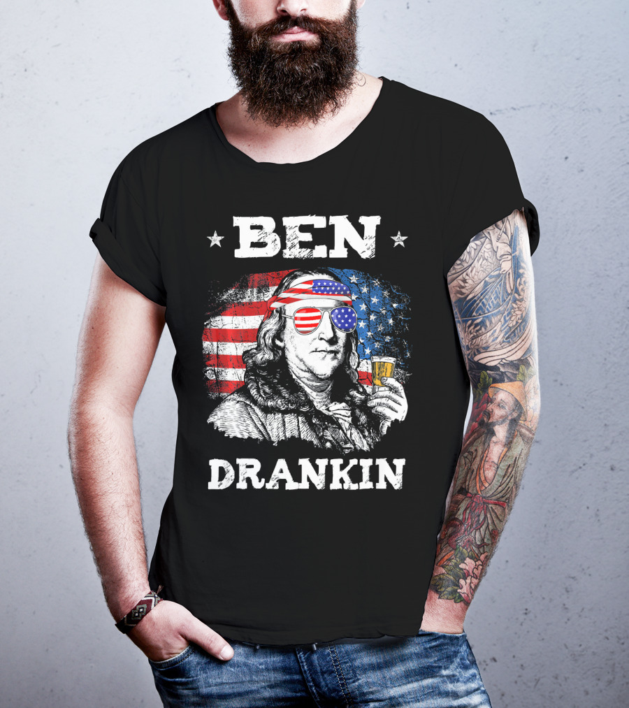 Ben Drankin Benjamin Franklin With American Flag Bandana And Sunglasses T-Shirt