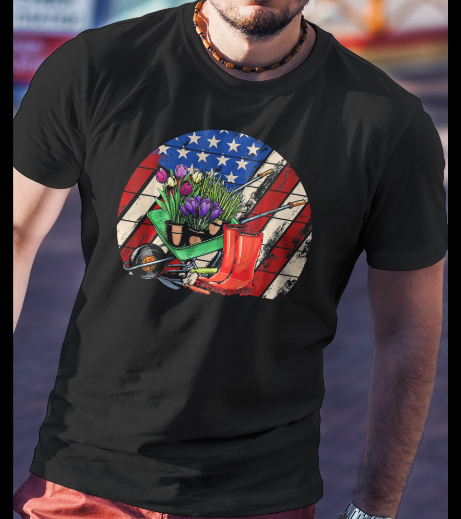 Vintage American Flag Gardening Scene With Wheelbarrow And Red Boots T-Shirt