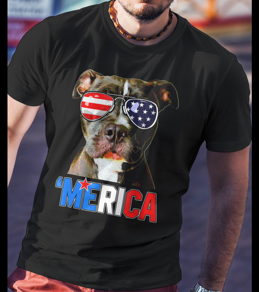 Pitbull 'Merica Memorial Day Patriotic USA Sunglasses T-Shirt