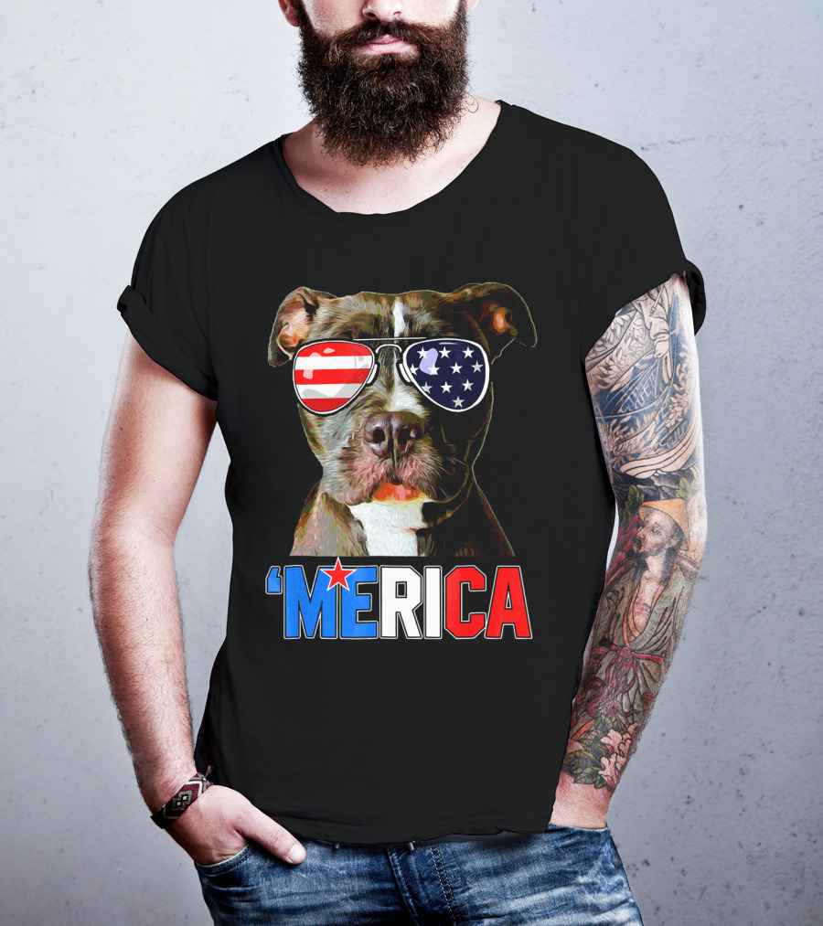 Pitbull 'Merica Memorial Day Patriotic USA Sunglasses T-Shirt