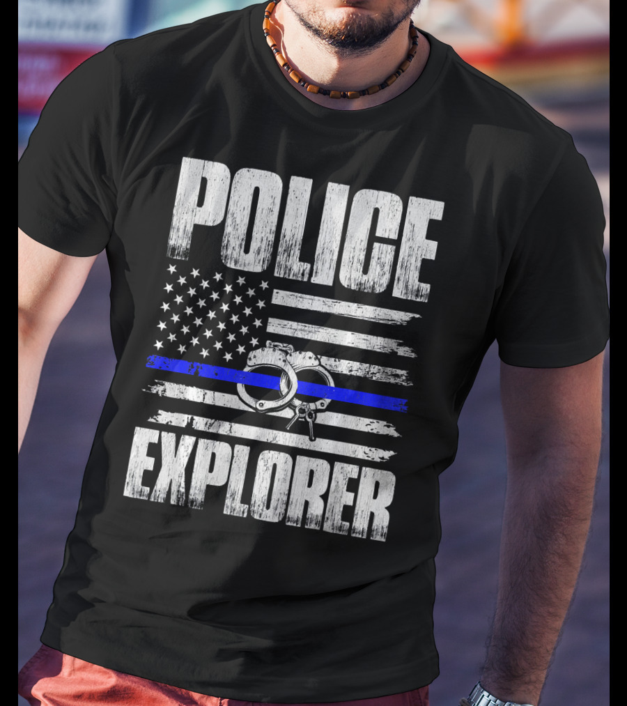 Police Explorer American Flag Handcuffs Thin Blue Line T-Shirt