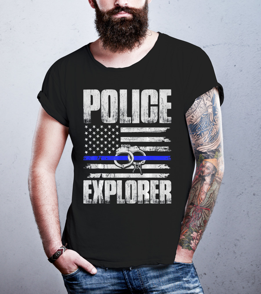 Police Explorer American Flag Handcuffs Thin Blue Line T-Shirt