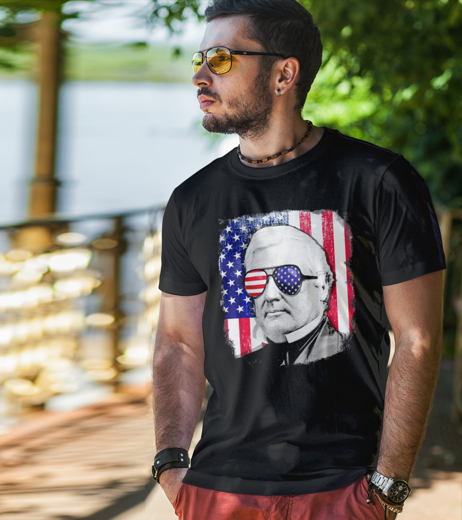 Millard Fillmore Portrait With American Flag Sunglasses And US Flag Background T-Shirt