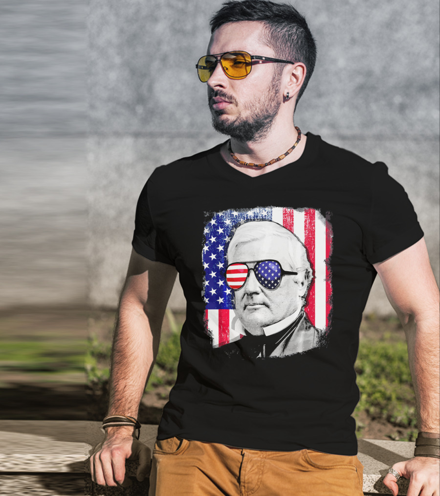 Millard Fillmore Portrait With American Flag Sunglasses And US Flag Background T-Shirt