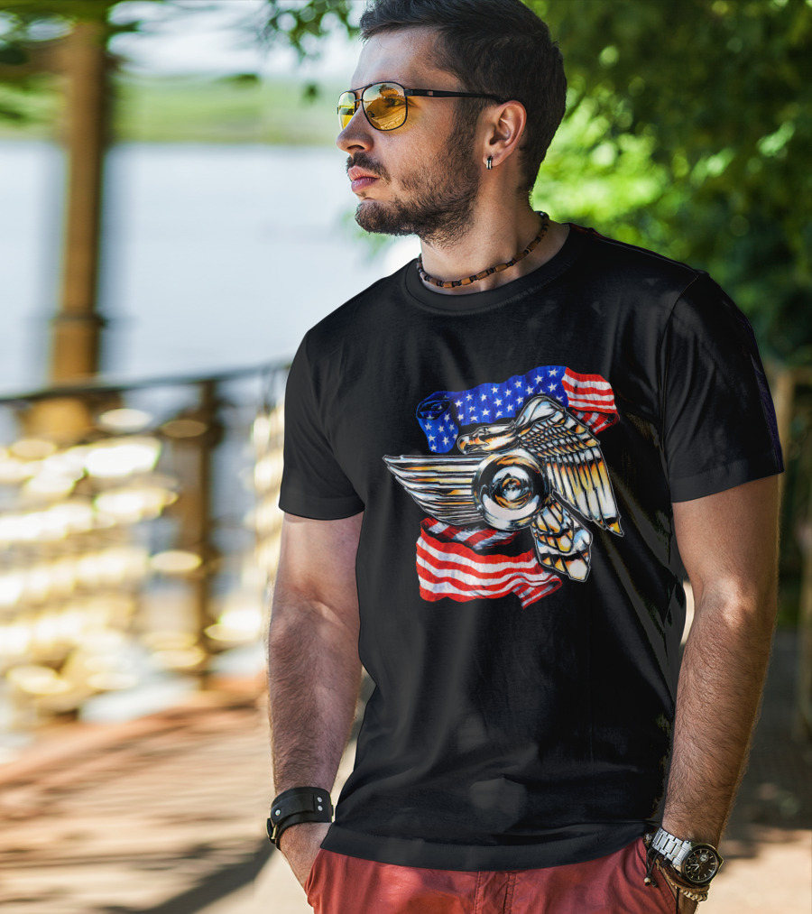 American Motorcycle Biker Eagle Emblem With Flag Wings T-Shirt