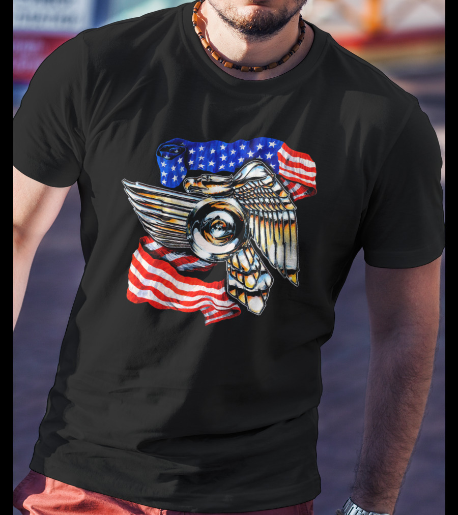 American Motorcycle Biker Eagle Emblem With Flag Wings T-Shirt