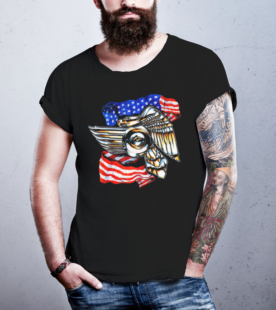 American Motorcycle Biker Eagle Emblem With Flag Wings T-Shirt