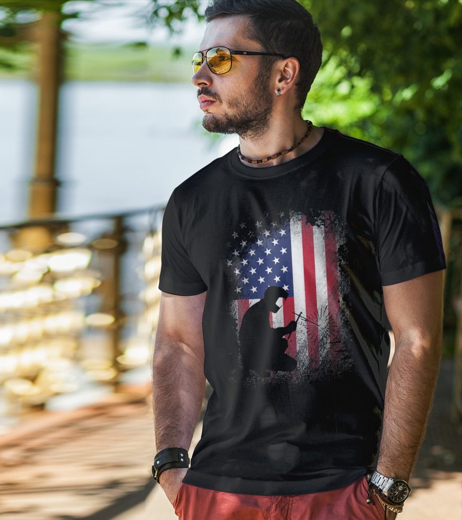 Welder Silhouette With American Flag USA Patriotic T-Shirt