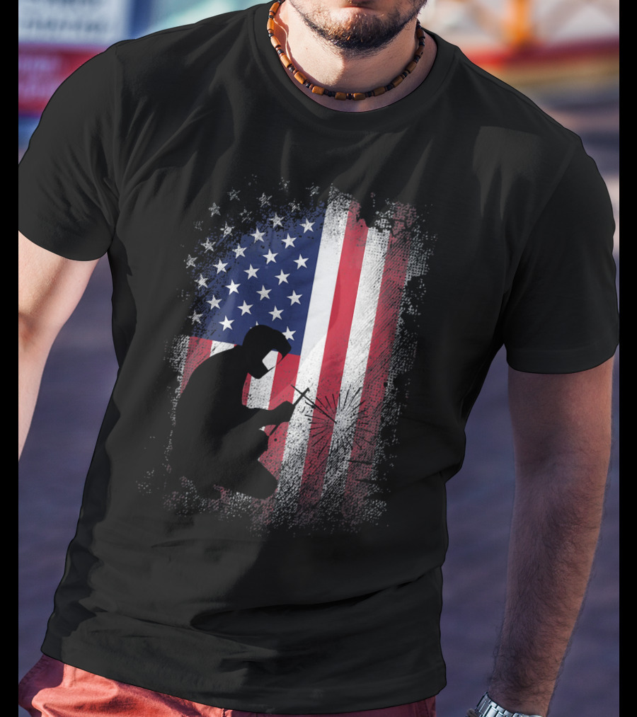Welder Silhouette With American Flag USA Patriotic T-Shirt
