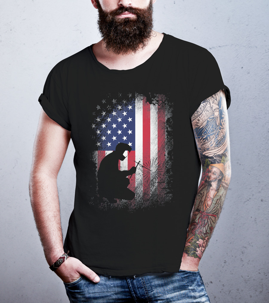 Welder Silhouette With American Flag USA Patriotic T-Shirt